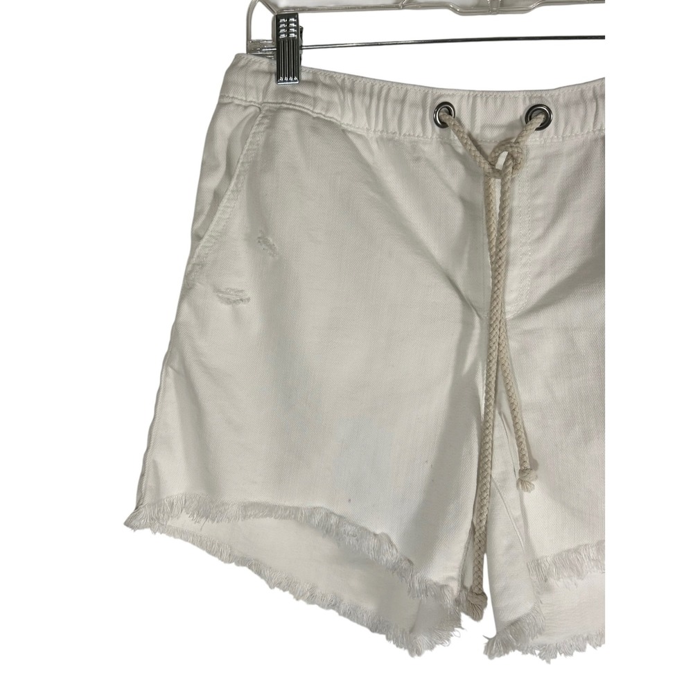 Aerie Womens White Distressed Denim Shorts Elastic Waist Rope Drawstring Size M - Picture 3 of 9